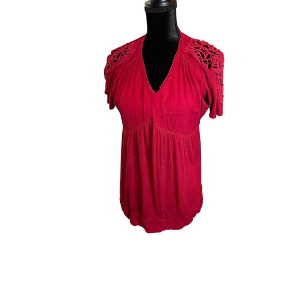 Knox‎ Rose Burgundy Short Sleeve V Neck Top Shirt Lace Large Boho Cottagecore - Picture 1 of 9